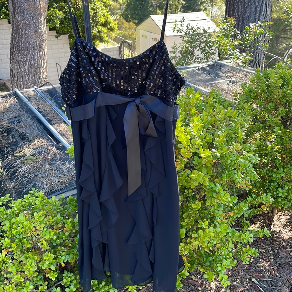 Eliza J Black sequin top strapless dress Ruffled bottom Size 12p. New condition